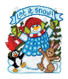 a snowman and two animals are in front of a sign that says let it snow