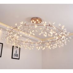 a chandelier hanging from the ceiling in a room with two pictures on the wall