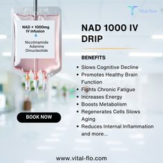 Are you ready to experience a transformation?   Quick relief to brain fog and hello to renewed energy with our NAD+ 1000mg IV Infusion! 💧✨ NAD+ (Nicotinamide Adenine Dinucleotide) is a vital coenzyme that plays a crucial role in cellular energy production and cognitive function.  This powerful infusion helps enhance mental clarity, boost energy levels, and support overall wellness. Imagine tackling your day with focus and vigor—whether you’re working, exercising, or simply enjoying life to the fullest! 🌟  💪 Don’t wait any longer to feel your best! Book your at-home NAD+ infusion with Vital Flow today and unlock the energy and clarity you deserve! 💪  💧 Book You Appointment Enjoying Life, Unlock Your Potential, Brain Fog, Chronic Fatigue