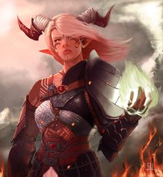 a woman with horns and armor standing in front of a fire filled sky holding a green ball