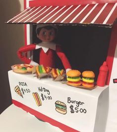 I’m Back Elf Idea, Elf On The Shelf Ideas 3 Elfs, Elf On The Shelf Ideas Funny Hilarious Bad, Elf On The Shelves Ideas, Burger Stand, Elf Kit