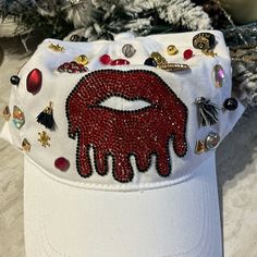 This Cap Is Made Out Of Charms And It Was Made With Love And There Are Called Junk Caps White Adjustable Baseball Cap For Party, Casual Snapback Hat For Party, Casual Baseball Cap For Party, Casual White Trucker Hat For Party, Party Snapback Baseball Cap, Hats Design, Custom Hats, Made With Love, Hat Designs