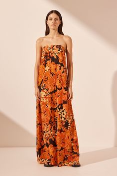 Santos Silk Strapless Column Maxi Dress | Tangerine/ Multi | Dresses | Shona Joy Maxi Dress With Jacket, 70s Glamour, Latest Dresses, Cami Nyc, Shona Joy, Multi Dress, Strapless Maxi, Strapless Maxi Dress, Silk Crepe