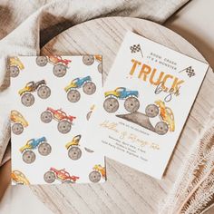 two children's birthday cards with monster trucks on them