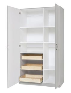 an open white cabinet with drawers on the bottom and shelves below it, in front of a white background