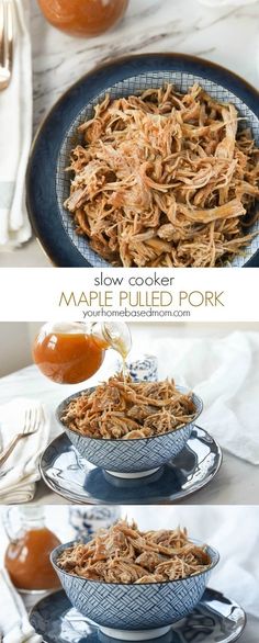 slow cooker maple pork recipe is shown in three different pictures