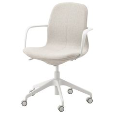 a white office chair with wheels on the back and seat upholstered to the side