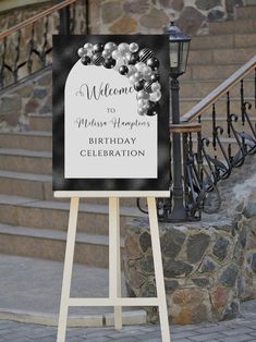 a welcome sign stands in front of some steps and railings, with the words welcome to misshapen's birthday celebration written on it