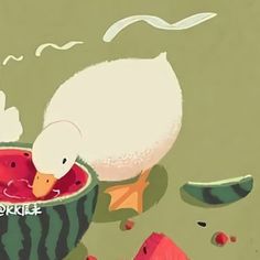 a white duck in a watermelon bowl surrounded by other food items and fruit