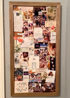 a collage of photos and pictures is hanging on the wall next to a door