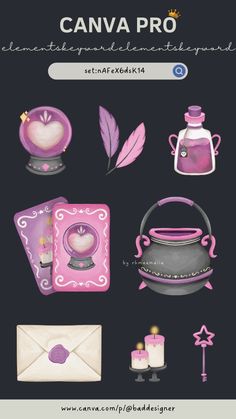 an image of a set of items that are in pink and purple colors, with the words canva pro on it