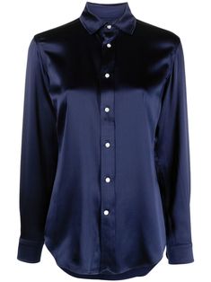 navy blue silk satin finish front button fastening classic collar long sleeves buttoned cuffs curved hem Blue Silk Shirt Outfit, Navy Silk Shirt, Sisters Outfits, Modern Preppy Style, Addison Aesthetic, Silk Shirt Outfit, Rounded Wardrobe, Blue Candle, Black Silk Blouse