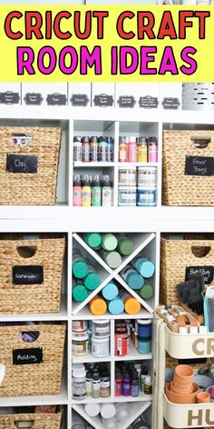 an organized craft room with baskets and chalkboard labels on the wall, labeled cricut craft room ideas