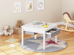 a child's play table with toys on the floor