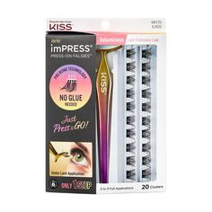 Lash in a flash with NO GLUE NEEDED - Just Press & GO! New imPRESS Falsies Self Adhesive Eyelashes, with Pre-Bonded Breakthrough Technology, are a game changer. The first ever press on under lash application lets you lash in 1 simple step. Pressure sensitive adhesive adheres instantly and lasts up to 24 hours. Easy removal with no residue and no damage to your natural lashes. Kit has enough clusters for 2-3 applications. With no mistakes and no mess, these lashes are for everyone! Falsies Eyelashes, Eyeliner Types, Eyelash Clusters, Applying False Lashes, Kiss Products, Kiss Lashes, Press On, Eyelash Extension Kits, Diy Eyelash Extensions