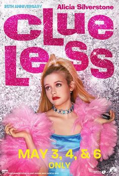 the poster for clue lees is shown with a woman in a blue dress and pink feathers