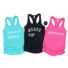 Kentucky Derby Party Tank Tops, Derby Party Tanks, Kentucky Derby Accessories, Horse Racing Tank Top, Kentucky Derby Shirts, Derby Shirts This listing is for ( 1 ) Next Level women's tank top of your choice of color, available in sizes XS - 2X.  To order MULTIPLES, add tanks to cart one at a time. RACERBACK TANK DETAILS:  Excellent quality Next Level® women's slimmer fit tank with super soft, lightweight material. The perfect choice for women looking for a standard fitting tank in those warmer m Fun Sports Tops With Letter Print, Fun Letter Print Sports Top, Fun Sports Crew Neck Tops, Demolition Derby, Party Tank Top, Kentucky Derby Party, Derby Party, Kentucky Derby, Horse Racing