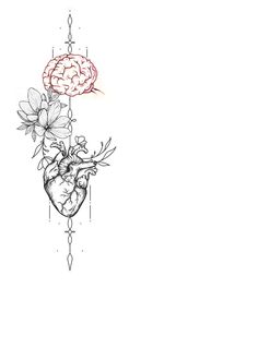 a drawing of a heart with flowers in the middle and a brain above it on a white background