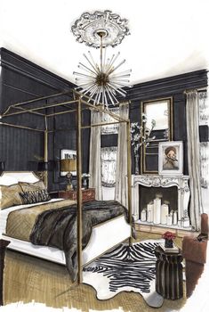 a drawing of a bedroom with a bed, fireplace and chandelier in it