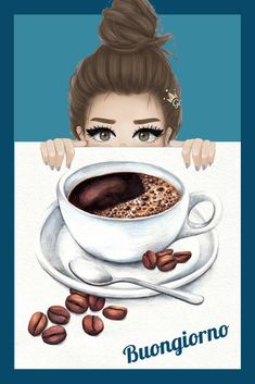 a painting of a woman peeking over a sign with coffee in her cup and beans around her