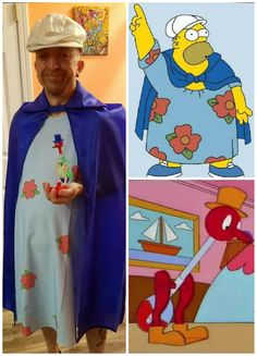 a man dressed as homer the simpsons in his pajamas, cape and hat with flowers on it