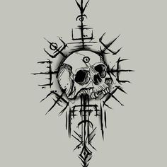 a cross with a skull on it and some other symbols around the cross tattoo design