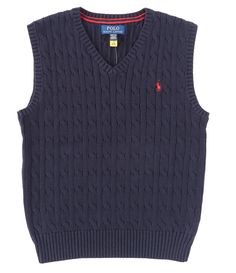 From Polo Ralph Lauren,classic fit Rib-knit sweater fabricV-neck ribbed armholes and hemPullover construction Signature embroidered Pony at the left chest.Size medium has a 21½" body length (front and back)Cotton Machine wash/line dryImported. Cotton Sweater Vest For Winter, Casual Cable Knit Sleeveless Vest, Casual Sleeveless Cable Knit Vest, Sleeveless Knitted Cotton Sweater, Fitted Cable Knit Sleeveless Vest, Fitted Sleeveless Cable Knit Vest, Sleeveless Cable Knit Cotton Top, Classic Cotton Crew Neck Sweater Vest, Classic Navy Sleeveless Vest