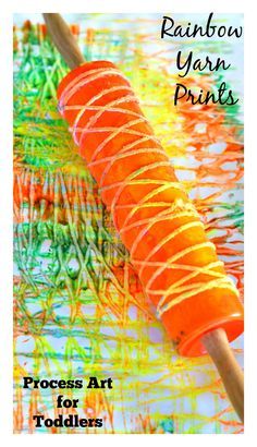 an orange and green art project with text reading rainbow yarn prints process art for toddlers