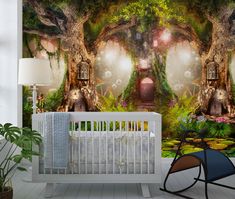 a baby's room with a wall mural and crib in the foreground