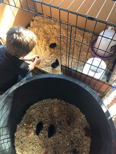 a young boy sitting in front of an animal cage