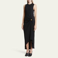 Loewe midi dress features a draped bodice with gold-tone button detailing   Round neckline Sleeveless Hem falls below the knee Sheath silhouette  Cotton/elastane Dry clean Made in Portugal Button Midi Dress, Draped Bodice, Bergdorf Goodman, Round Neckline, The Knee, Bodice, Tops Designs, Portugal, Dry Clean