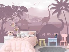 an image of a bedroom with dinosaurs on the wall