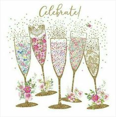 five champagne glasses with flowers and confetti on them are shown in gold glitter