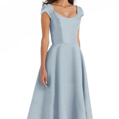 Come Through For Cocktails In This Classically Chic Satin Dress, Styled With A Fitted Bodice That Gives Way, Gorgeously, To A Fully Realized Skirt. Hidden Back-Zip Closure Scoop Neck Cap Sleeves Lined 100% Polyester The Original Manuf Tag Is Missing...The Dept Store Tag Is Attached Fitted Full Skirt Bridesmaid Dress, Light Blue Fitted Midi Bridesmaid Dress, Fitted Light Blue Midi Dress For Bridesmaid, Blue Fitted Dress With Cap Sleeves, Blue Midi Dress With Fitted Bodice And Short Sleeves, Blue Fitted Midi Dress For Bridesmaid, Fitted Cap Sleeve Bridesmaid Dresses, Blue A-line Midi Dress For Bridesmaids, Blue Cap Sleeve Evening Dress