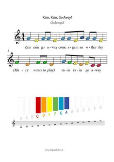 Rain-Rain Go Away free xylophone glockenspiel sheet music color letter notes chart pdf : Singing Bell Letter Notes, Piano Songs For Beginners, Piano Notes Songs, Kids Piano, Easy Piano Songs