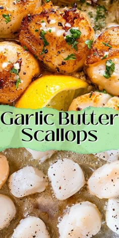 garlic butter scallops in a pan with lemon wedges