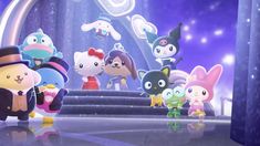 several cartoon characters are standing in front of a stage with lights and stars on it