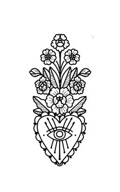 a black and white drawing of flowers with a heart