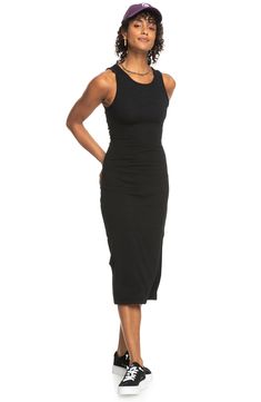 A crossover back design creates a slender cutout on this figure-hugging midi dress finished with airy side slits at the hem. 47" length (size Medium) Crewneck Sleeveless Unlined 97% polyester, 3% elastane Machine wash, dry flat Imported Stretch Midi Dress With Cutout Back, Solid Knee-length Midi Dress With Side Slits, Knee-length Midi Dress With Side Slits, Casual Bodycon Midi Dress With Side Slits, Chic Midi Bodycon Dress With Cutout Back, Stretch Knee-length Midi Dress With Ruched Back, Chic Knee-length Midi Dress With Cutout Back, Bodycon Midi Dress With Ruched Back, Knee-length Bodycon Midi Dress With Side Slits