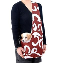 a woman standing on the beach holding a dog in her sling bag with numbers printed on it