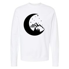 Moonlight Mountain Pull Over Sweatshirt A great graphic sweatshirt for sitting by a campfire, on a cool brisk morning, hiking, or even out and about. The mid-weight sweatshirt is warm and cozy featuring a half moon design with pine trees, mountains and stars inside of it. Design is in black on a white blank pull over sweatshirt. Features: 80/20 cotton/polyester with 100% cotton 20 singles face yarn Standard fit Split stitch double needle sewing on all seams Twill neck tape 1x1 ribbing at collar, Mountain Sweatshirt Design, Winter Adventure Hoodie With Graphic Print, Vintage Mountain Sweatshirt, Moon Print Relaxed Fit Crew Neck T-shirt, Crew Neck T-shirt With Screen Print For Camping, Stars At Night, Moon Design, Half Moon, Life Design