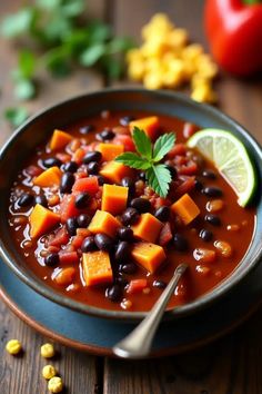 A bowl of bean and vegetable chili with a lime wedge and fresh parsley garnish.