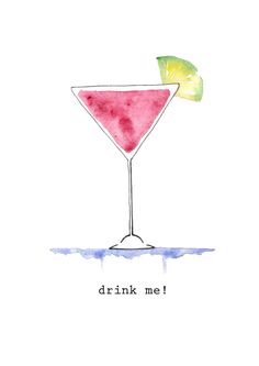 a watercolor drawing of a pink drink with a slice of lemon on the rim