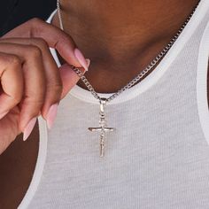 The Crucifix Pendant in White Gold is a clean cross piece with close attention to detail. Made with 14k white gold, this piece is sure to stand out in a crowd. Boss up and flex with the GLD gang. Please allow up to 4-8 weeks for production time on ALL made to order Solid Gold items. Your personalized product takes time to craft and test. Discount codes are NOT valid on Solid Gold orders. There are NO returns/cancellations on custom made items once in production. Specifications - 3/4" x 1 1/2" (W Gold Crucifix Necklace, Gold Items, Crucifix Necklace, Vermeil Jewelry, Custom Earrings, Pendant Bracelet, Drop Necklace, Discount Codes, 8 Weeks