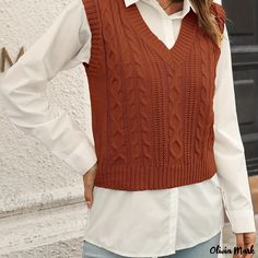 Olivia Mark - Solid Cable Knit Vest, Elegant V Neck Sleeveless Sweater Vest, Women's Clothing Slacks Outfit, Trendy Vest, Cable Knit Vest, Sleeveless Sweater Vest, Pullover Outfit, Sweater Vest Women, Sleeveless Sweater, Knit Vest, Acrylic Material