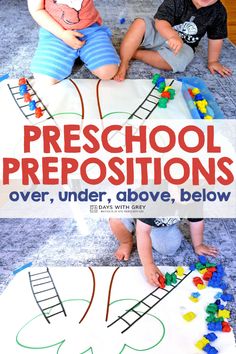 two toddlers playing with toys on the floor in front of a poster that says, positional words expand vocably through play