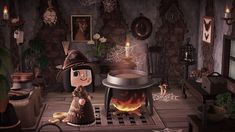 an animated image of a witch in her living room next to a fire place and potted plant