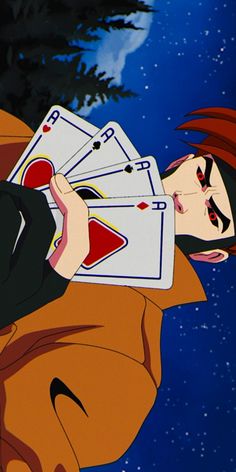 an animated image of a man holding cards in his hand and looking up at the sky