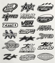 a bunch of stickers that are on the side of a white paper sheet with black lettering