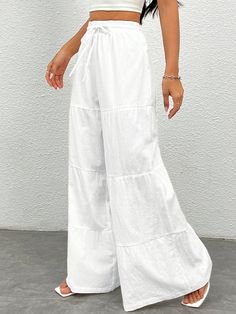 Blanco Casual Collar  Tela tricotada Liso Pierna ancha Embellished No-Elástico White Wide Leg Pants With Drawstring, Summer White Wide Leg Pants With Drawstring, White Drawstring Wide Leg Pants For Summer, Casual Ruffled Trousers, Casual Ruffled Relaxed Fit Pants, White Non-stretch Drawstring Bottoms, Casual Ruffled Pants, White Wide-leg Pants With Ruffles, White Wide Leg Pants With Ruffles